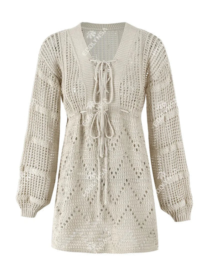 Plunging V-neck Lace-up Bell Sleeve Knit Mesh Hollow Out Beach Mini Dress Tunic