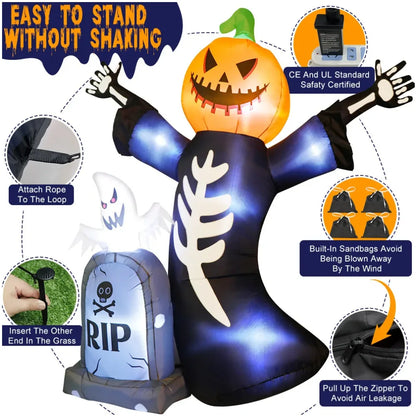 6.5 Feet Halloween Inflatable Pumpkin Ghost Tombstone, Decorations with Built-in LED Lights and Inflatable fan