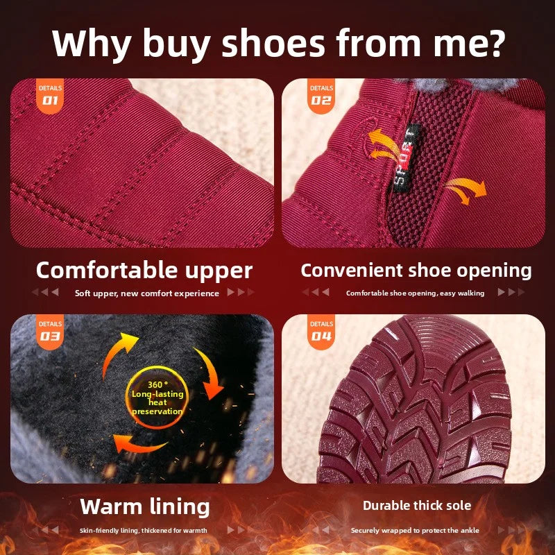 Waterproof Plush, Warm Ankle Snow Boots in Red, Black, Blue, Green, and Tan.