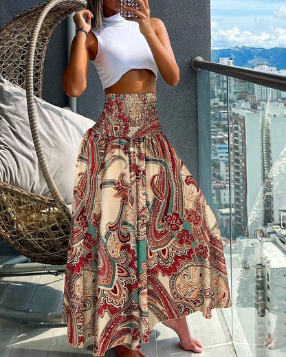 8 Designs of Long Paisley Print Flowy Boho Skirt With Tall Elastic Waist