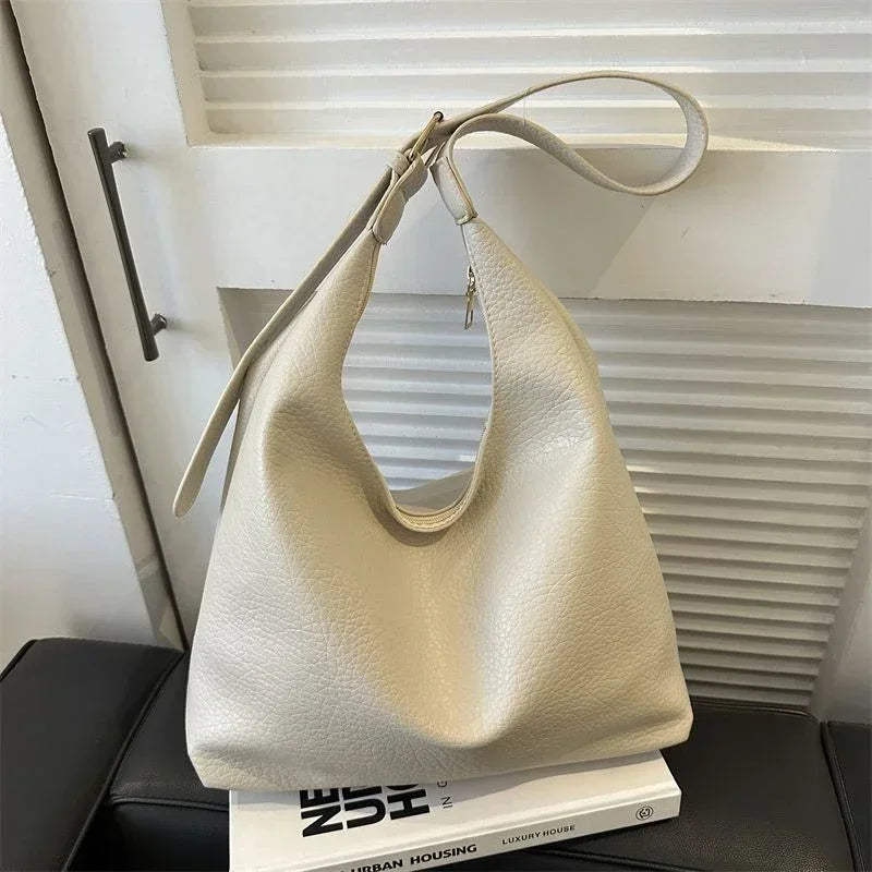 Leather Tote Bag Large High Capacity Shoulder Bag, White, Dark Brown, Reddish Tan, and Black