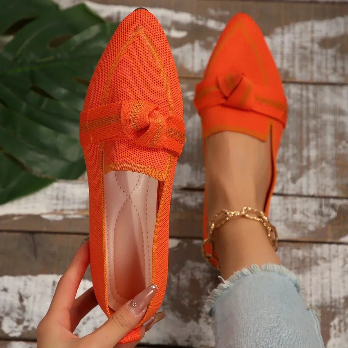 Women's Flats Knitted Slip-On, Breathable, Comfortable, 2-Toned Shoes, Casual Pointed Toe Loafers