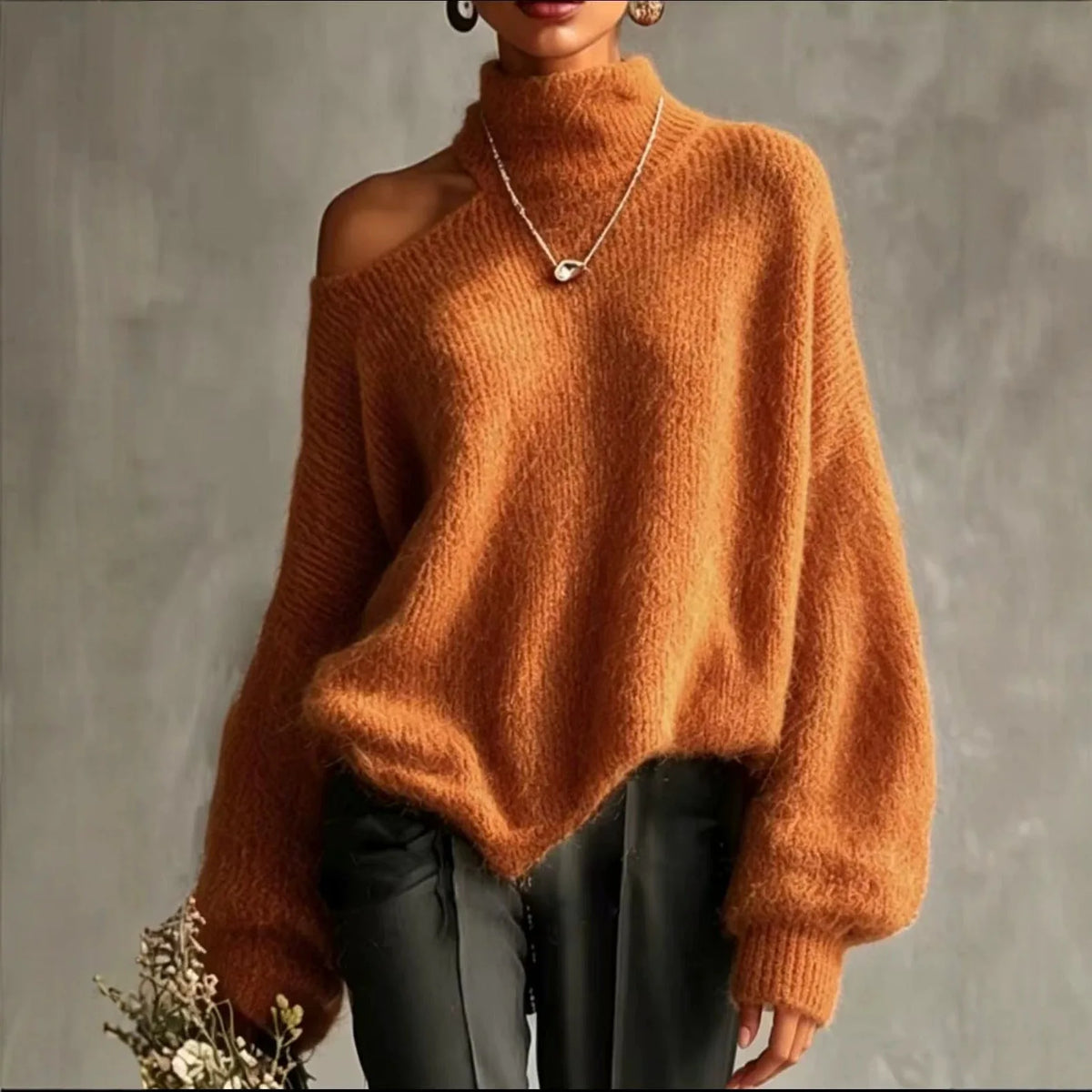 Off-Shoulder High-Collar Loose Knit Pullover, Long Sleeve, 10 Colors in sizes to 2XL