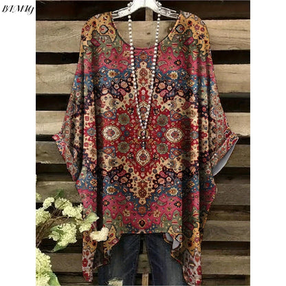 30 Different Style Bohemian Floral Tunics Plus Size to 3XL, 30 Vibrant Colors, Open Round Neck, Hankie Hem, Loose baggy sleeves