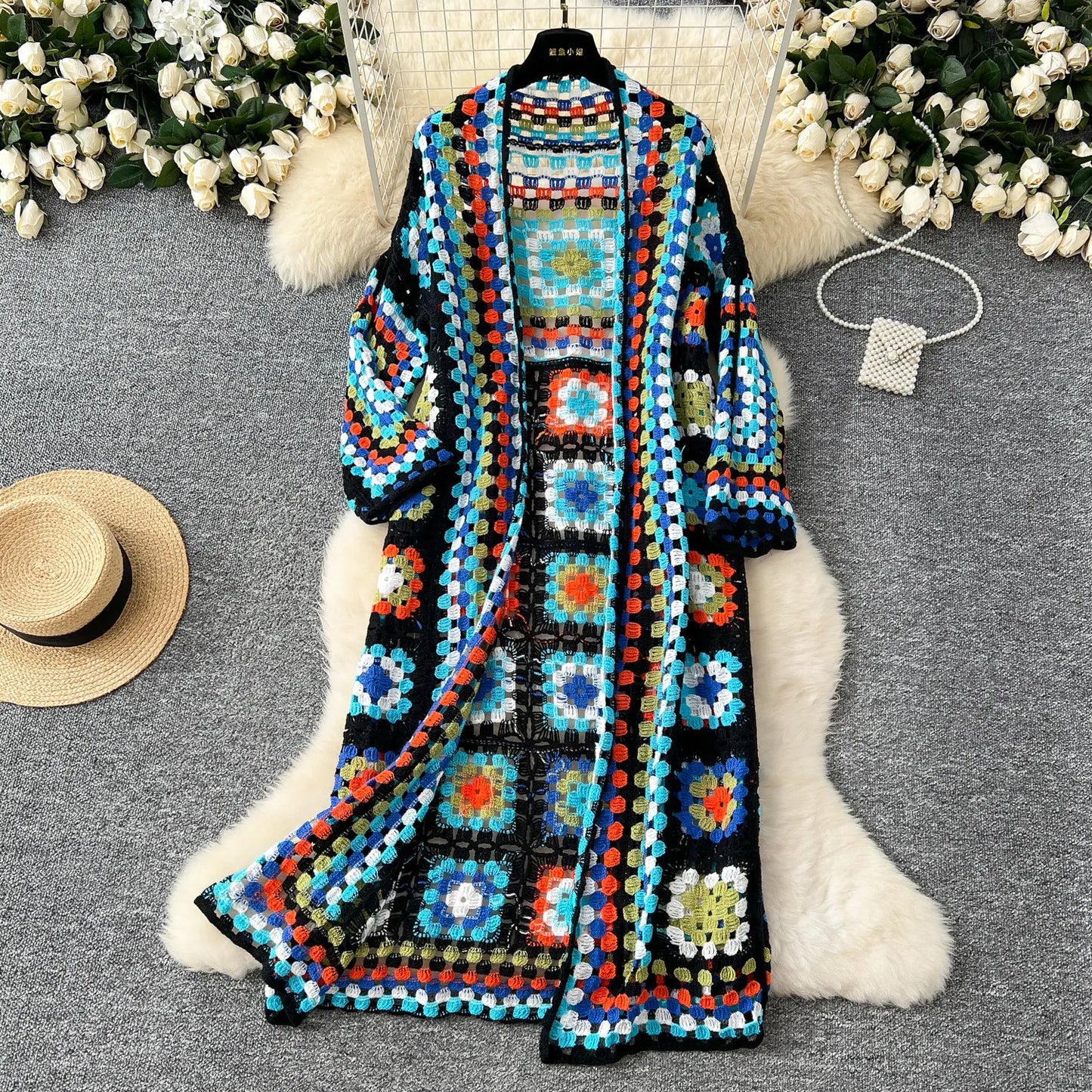 Boho Crocheted Knit Cardigan Midi Length