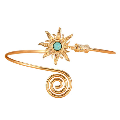 Retro Sunflower Turquoise Cuff Bracelet  Twist Line Wide Open Arm Cuff