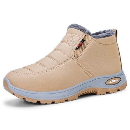 Waterproof Plush, Warm Ankle Snow Boots in Red, Black, Blue, Green, and Tan.