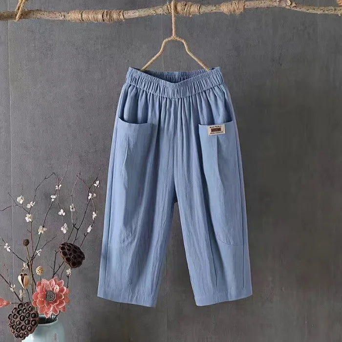 Cotton Linen Cropped 3/4 Length Pants, Loose, Linen with Elastic Waist and Pockets