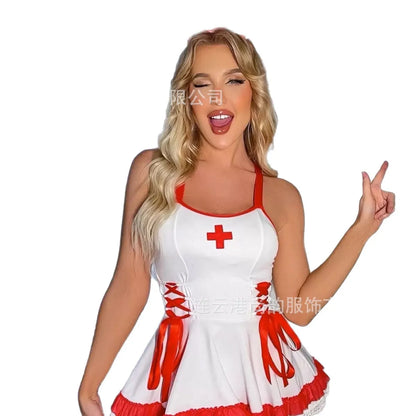 Sexy Nurse Costume Set with Red Cross Detail Mini Dress Halloween Party Wear in black or white