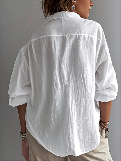 Sizes to 2XL Women's loose linen cotton blend Half -0pen collar casual pullover shirt