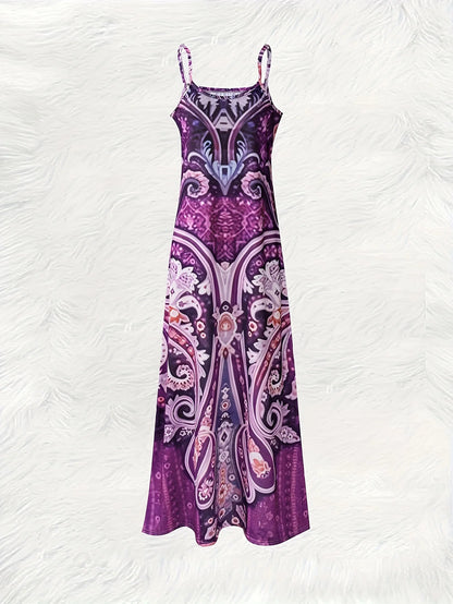 Printed Purple Pink Blue Paisley Spaghetti Strap Maxi Dress sizes to 2XL