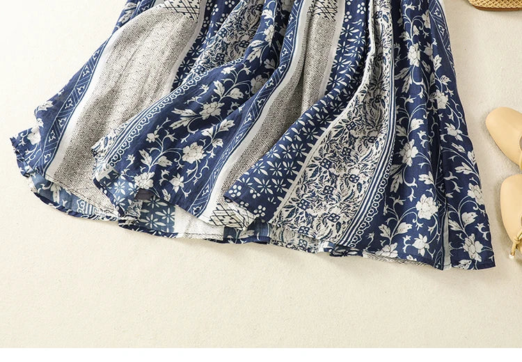 Retro Ethnic Print Flax A-Line Midi Skirt High Waist Drawstring Sizes to 2XL