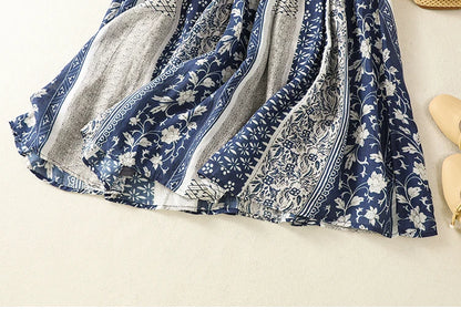 Retro Ethnic Print Flax A-Line Midi Skirt High Waist Drawstring Sizes to 2XL