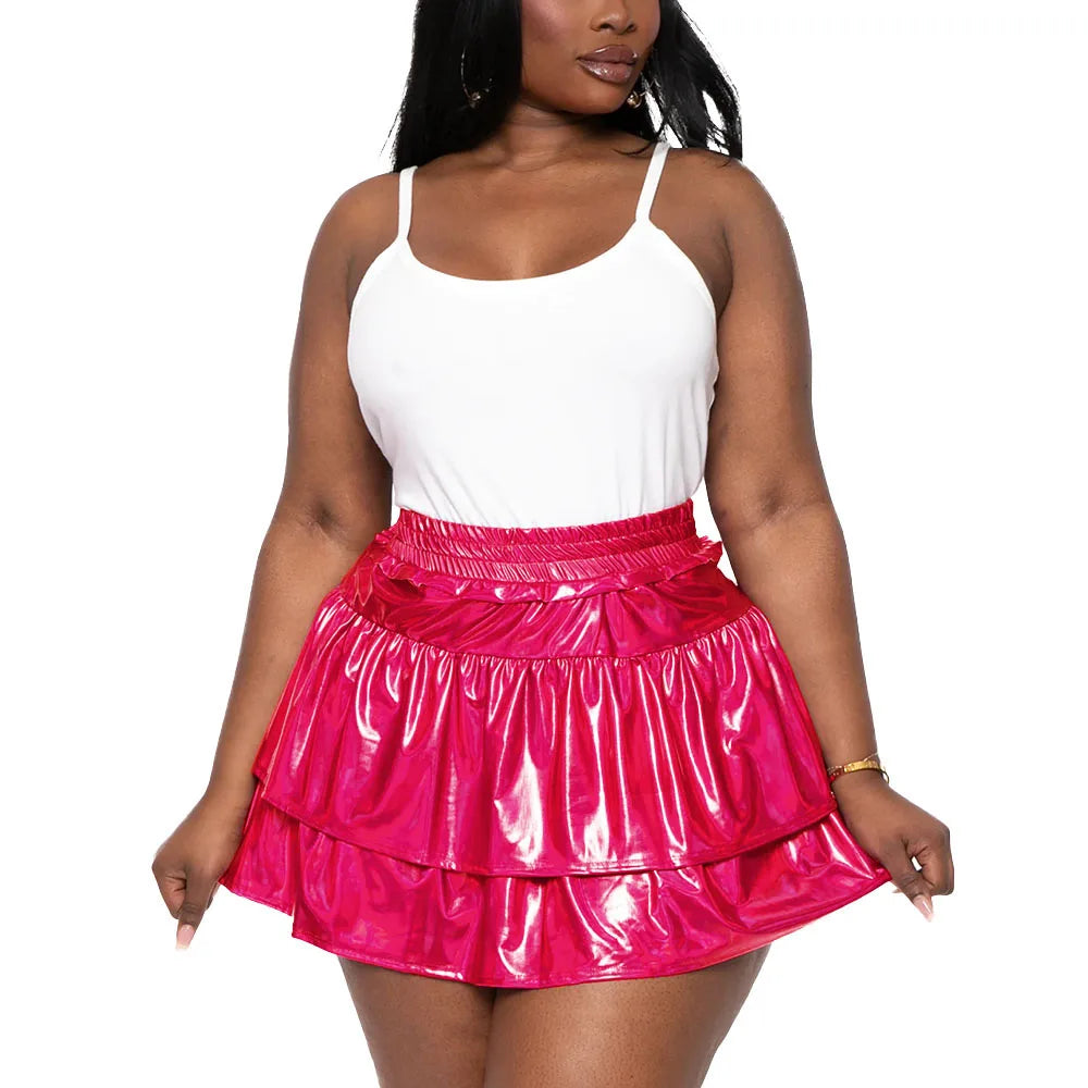 Sizes to 8XL!! Hologram Laser Tiered Pleated Mini Skirts, High Elastic Waist, A-line