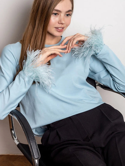 Chic T Shirt Spring Casual O Neck Solid Simple Loose Top split feathers on sleeves