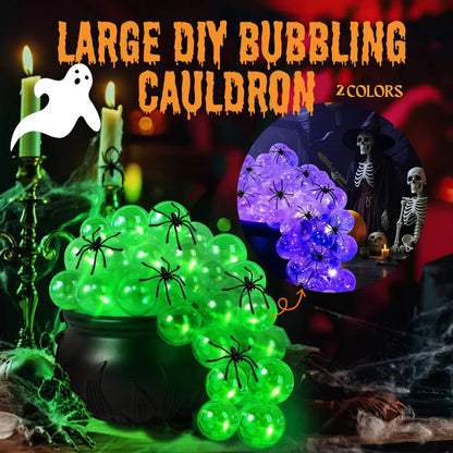 Indoor Halloween DIY Bubbling Witch Cauldron. Consists of 1 witch cauldron, cotton filling, 40 clear balls, and a string of twinkling lights, glue, and 10 simulated spiders.