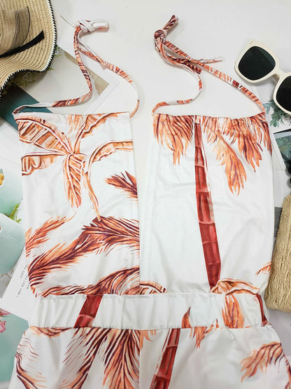 Sizes to 3XL, Colorful print jumpsuits, Sleeveless ,  Plunging V-neck , Halter top, Long Wide pants, Elastic Waist