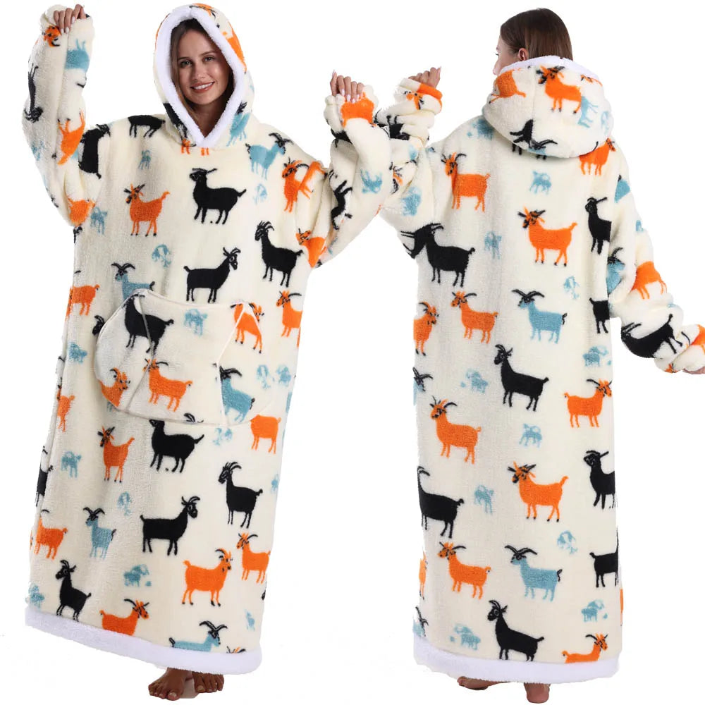 Super Long Flannel Pullover Night Shirt with Pocket and Hood, Super Snuggly for Men and Women, 12 Different Prints