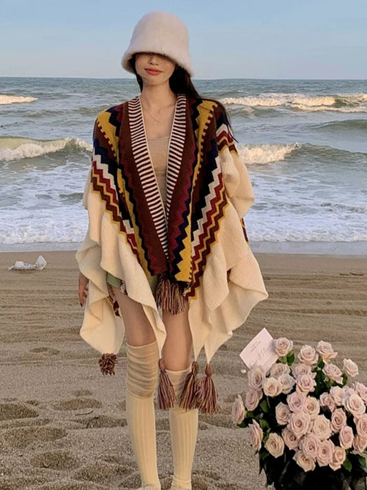 Vintage Bohemian Chic Capes Boho Ruffles Knitted Ethnic Design with Tassels