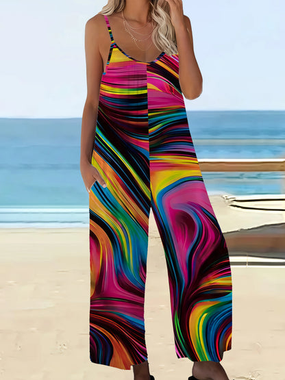 Sizes to 5XL. Boho Print Elegant Loose Fit Jumpsuit with Pockets and Spaghetti Straps