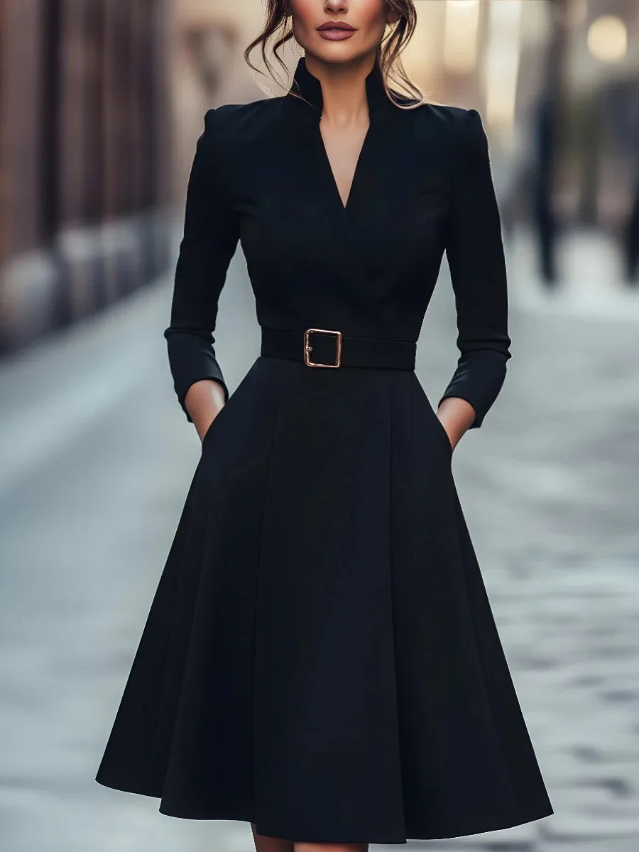 Sizes to 2XL, Knee Length Dress With Belt, Pockets, Waist Cinched, V-neck, Long Sleeves, comes in Red, White, and Black