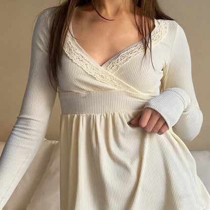 Vintage Baby Doll Fairy Top Long Sleeves Lace Lined V Neck