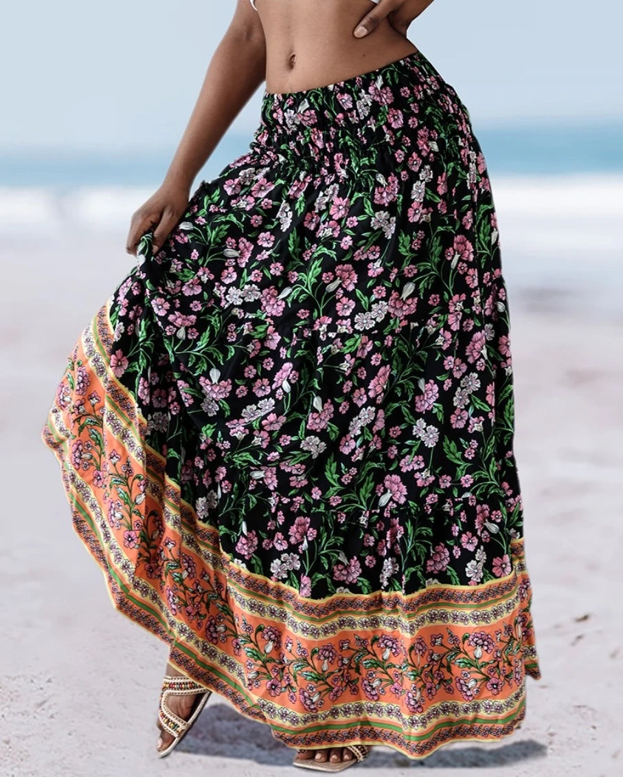 Boho Floral Print Tiered Maxi Skirt High Waist Smocked Long Skirt