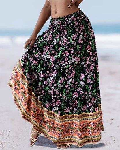 Boho Floral Print Tiered Maxi Skirt High Waist Smocked Long Skirt