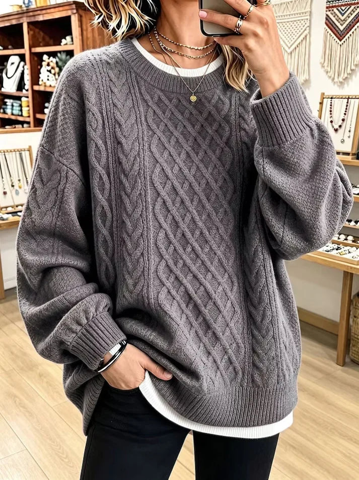 Sizes to 3XL Retro Cable Knit Sweater, Round Neck, Loose Pullover, Casual Long Sleeve Top. Comes in 9 Colors
