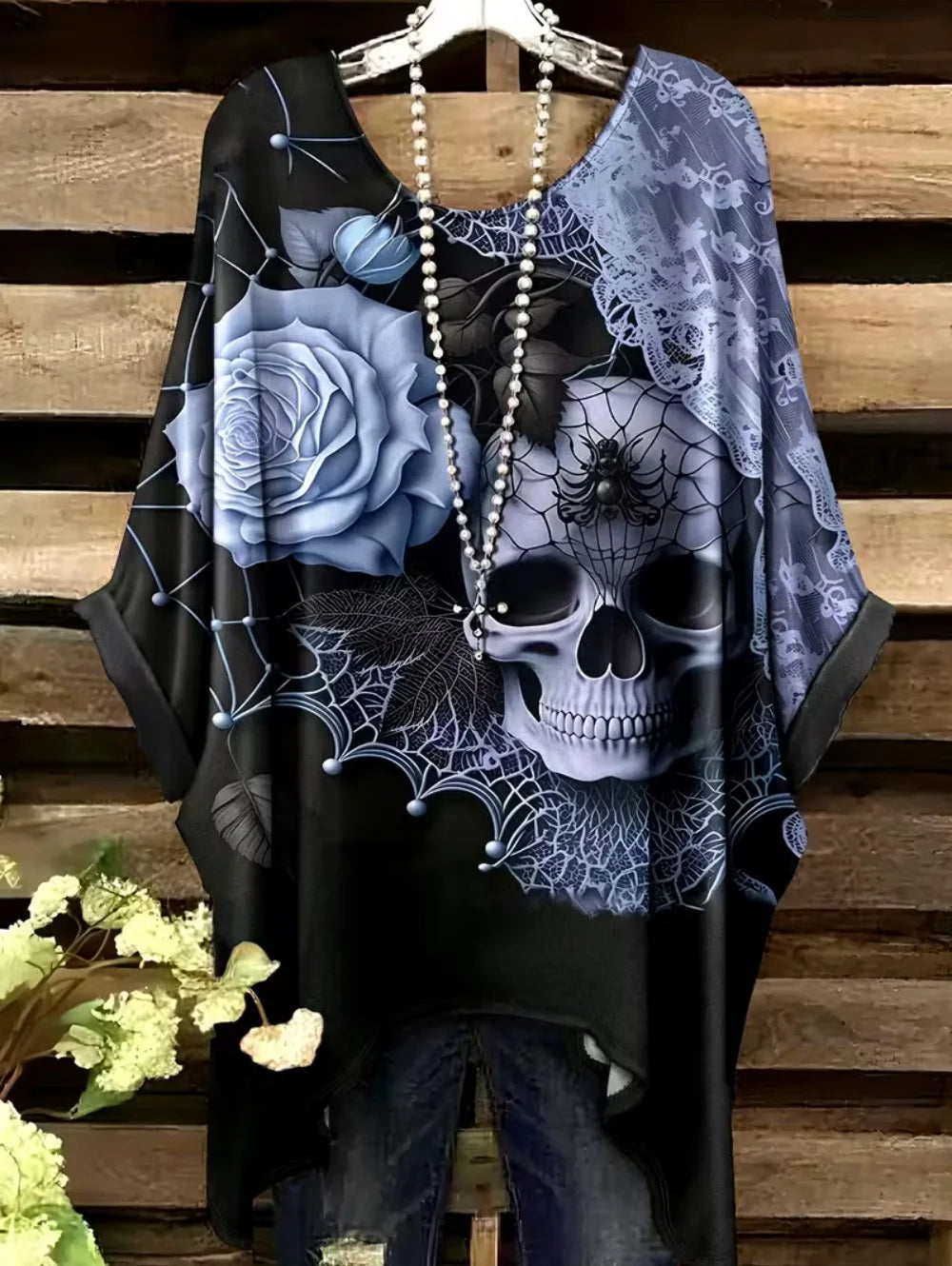 Sizes to 3XL Bohemian Skull Print Loose T-shirt Irregular Hemline O-Neck Short Sleeved Oversize Various designs