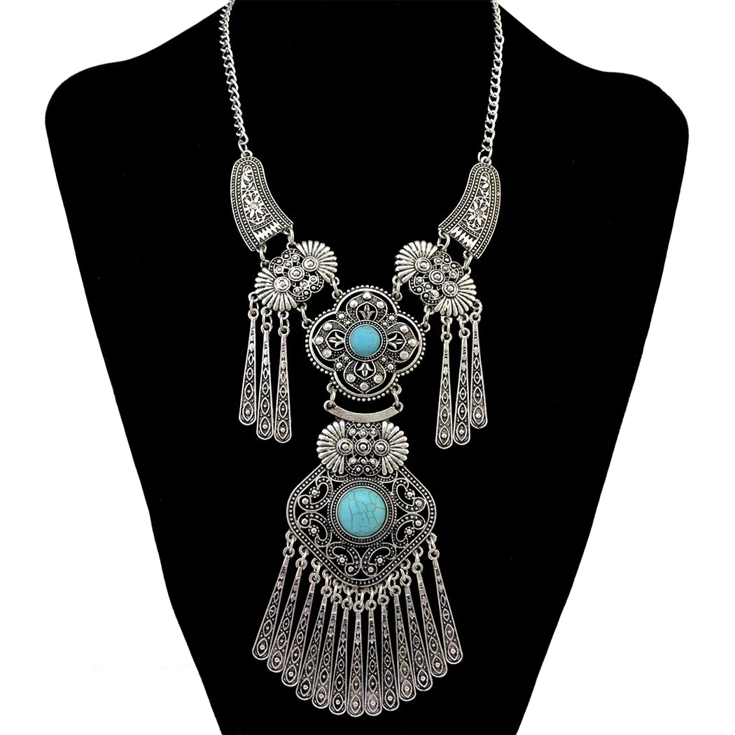Bohemian Black Blue Stones, Coin tassel Necklace Turkish Gypsy Boho