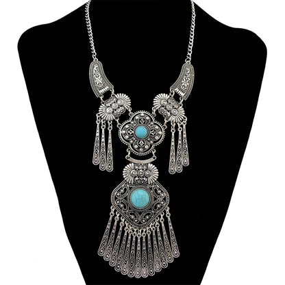Bohemian Black Blue Stones, Coin tassel Necklace Turkish Gypsy Boho