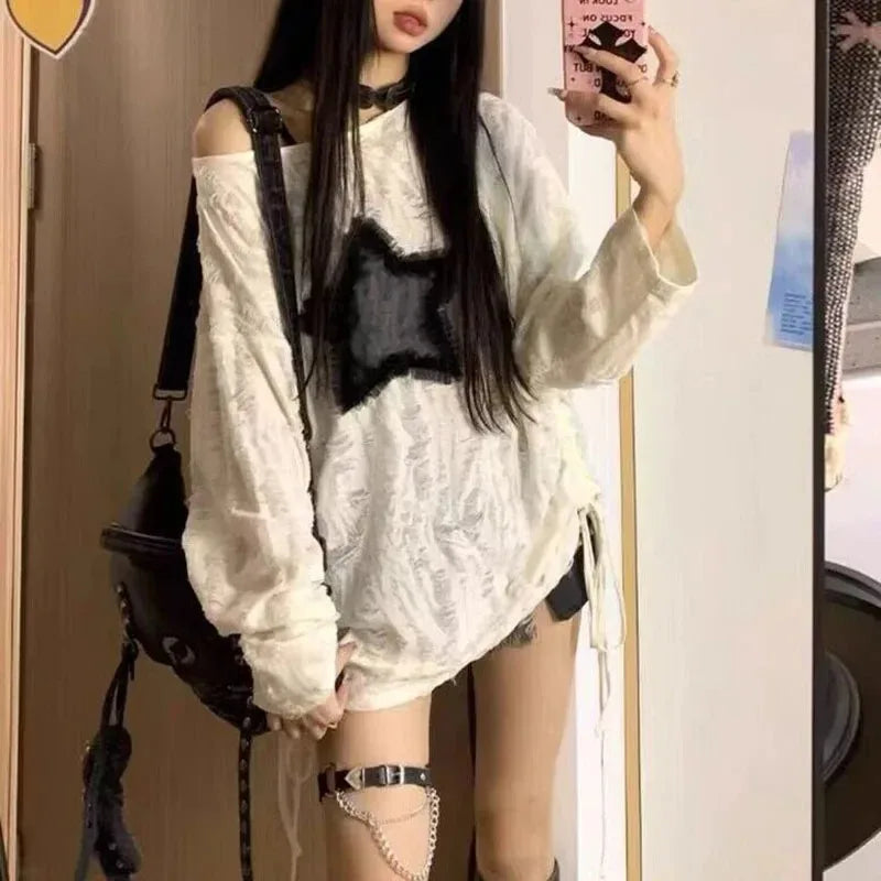 Star Print T-Shirt, Streetwear, Off Shoulder Tops, Oversized, Long Sleeve Loose Tees