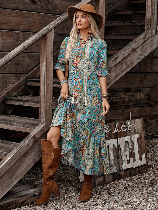 Bohemian Print Midi Dress with long string tassel tie Neck, Ruffle Hem and Flounce Sleeves Sizes to XL