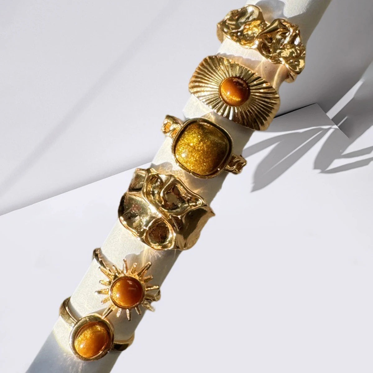 6pcs Boho Sunflower Tiger Eye Stone Ring Set, Open for Adjustable Sizing