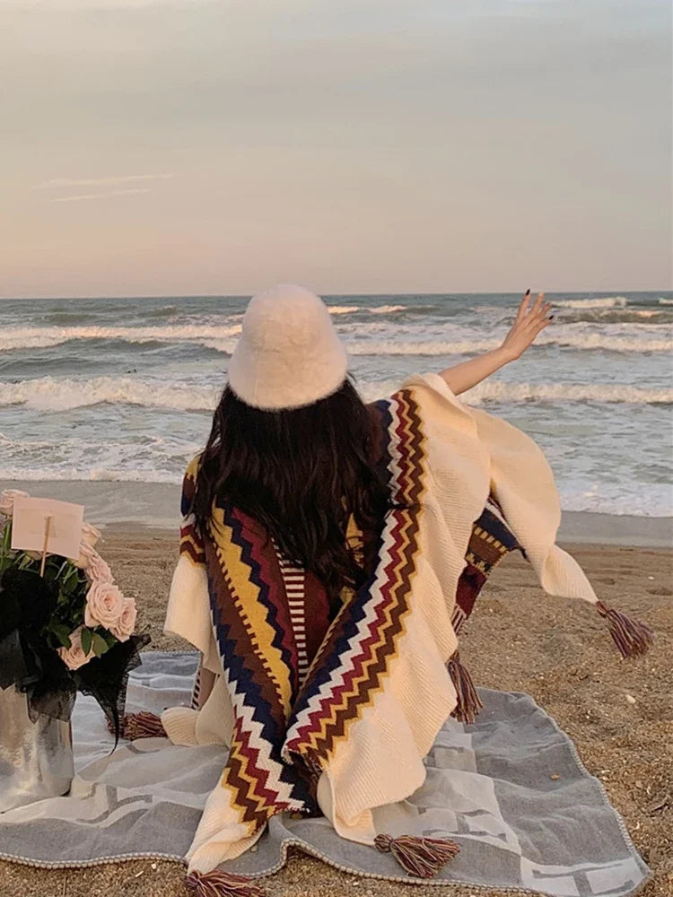 Vintage Bohemian Chic Capes Boho Ruffles Knitted Ethnic Design with Tassels