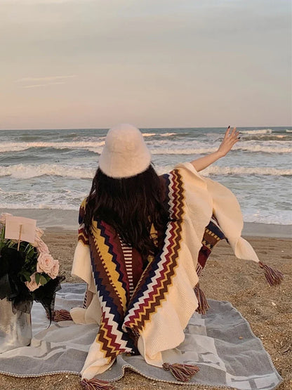 Vintage Bohemian Chic Capes Boho Ruffles Knitted Ethnic Design with Tassels