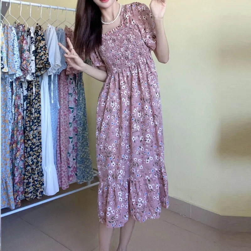 14 Patterns Elastic Waist Chiffon Dress  Short Sleeve Pleated A-line Dresses