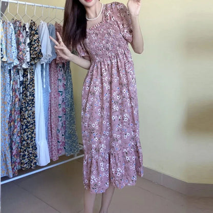 14 Patterns Elastic Waist Chiffon Dress  Short Sleeve Pleated A-line Dresses