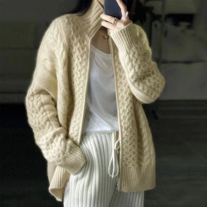 Oversized Beige Cable Knit Sweater Casual Long Sleeve Half-Zip with Pockets Comfortable Knitwear