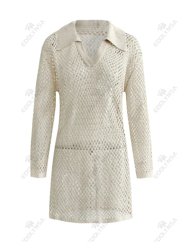 Solid Color Beach Knit Mini Dress, Long Sleeve Swimsuit Cover Up, Boho Holiday Loose Overwear
