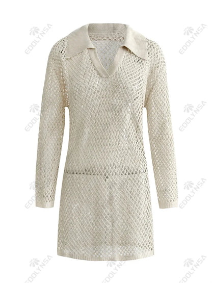 Solid Color Beach Knit Mini Dress, Long Sleeve Swimsuit Cover Up, Boho Holiday Loose Overwear