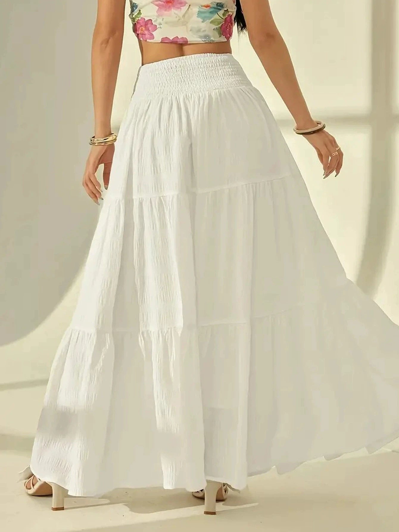 Sizes to 4XL   fashionable, layered long skirt ,solid-color, elastic waist , comes in Black and White