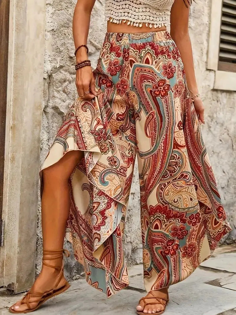 To sizes 4XL Boho Paisley Culottes, Elastic Waist, Extra  Wide Leg Trousers