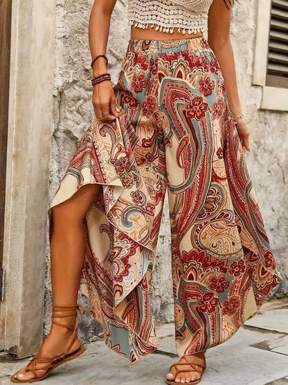 To sizes 4XL Boho Paisley Culottes, Elastic Waist, Extra  Wide Leg Trousers