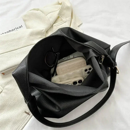 Leather Tote Bag Large High Capacity Shoulder Bag, White, Dark Brown, Reddish Tan, and Black