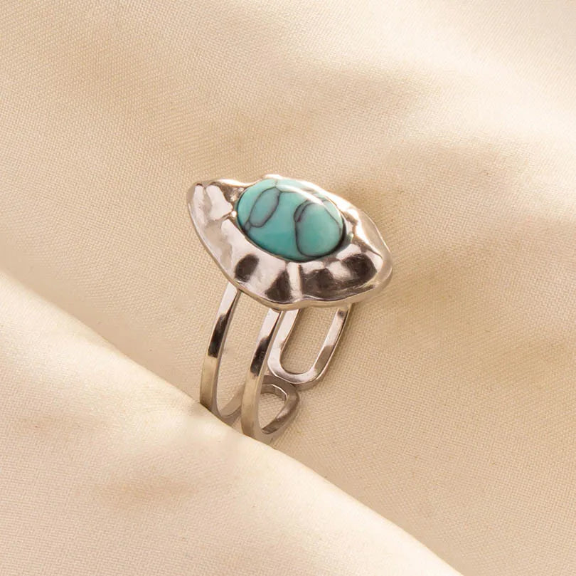 1pc Boho Turquoise Ring Stainless Steel Light Blue Gemstone Silver Adjustable Ring
