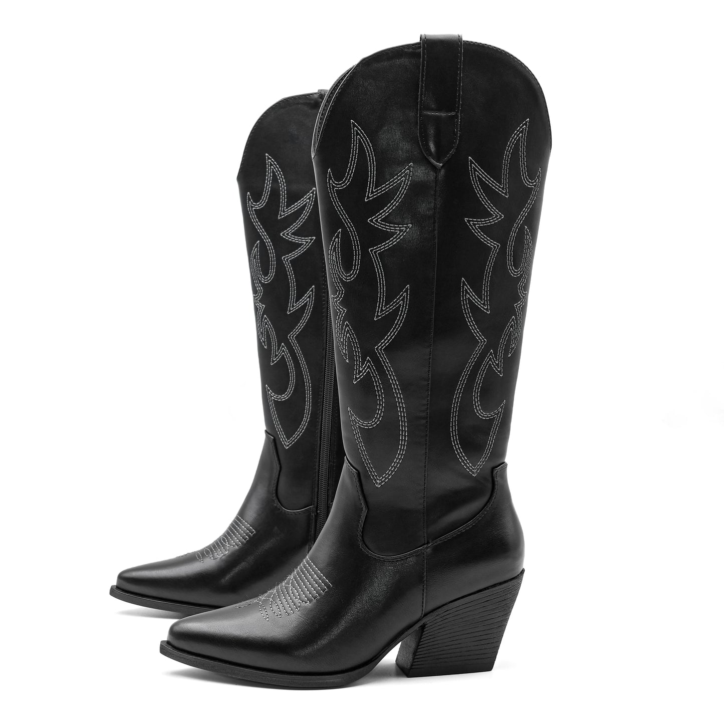 Embroidered Western Cowgirl Boots, Pointed Toe, Thick Heel,  Knee High Boots