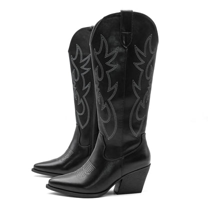 Embroidered Western Cowgirl Boots, Pointed Toe, Thick Heel,  Knee High Boots