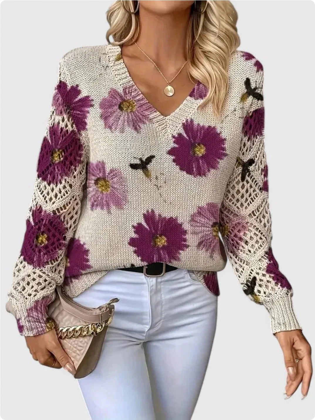 Boho Floral Print V Neck Crocheted Long Sleeved Sweater with Hollowed Out Knit Sleeves in 12 Different Designs